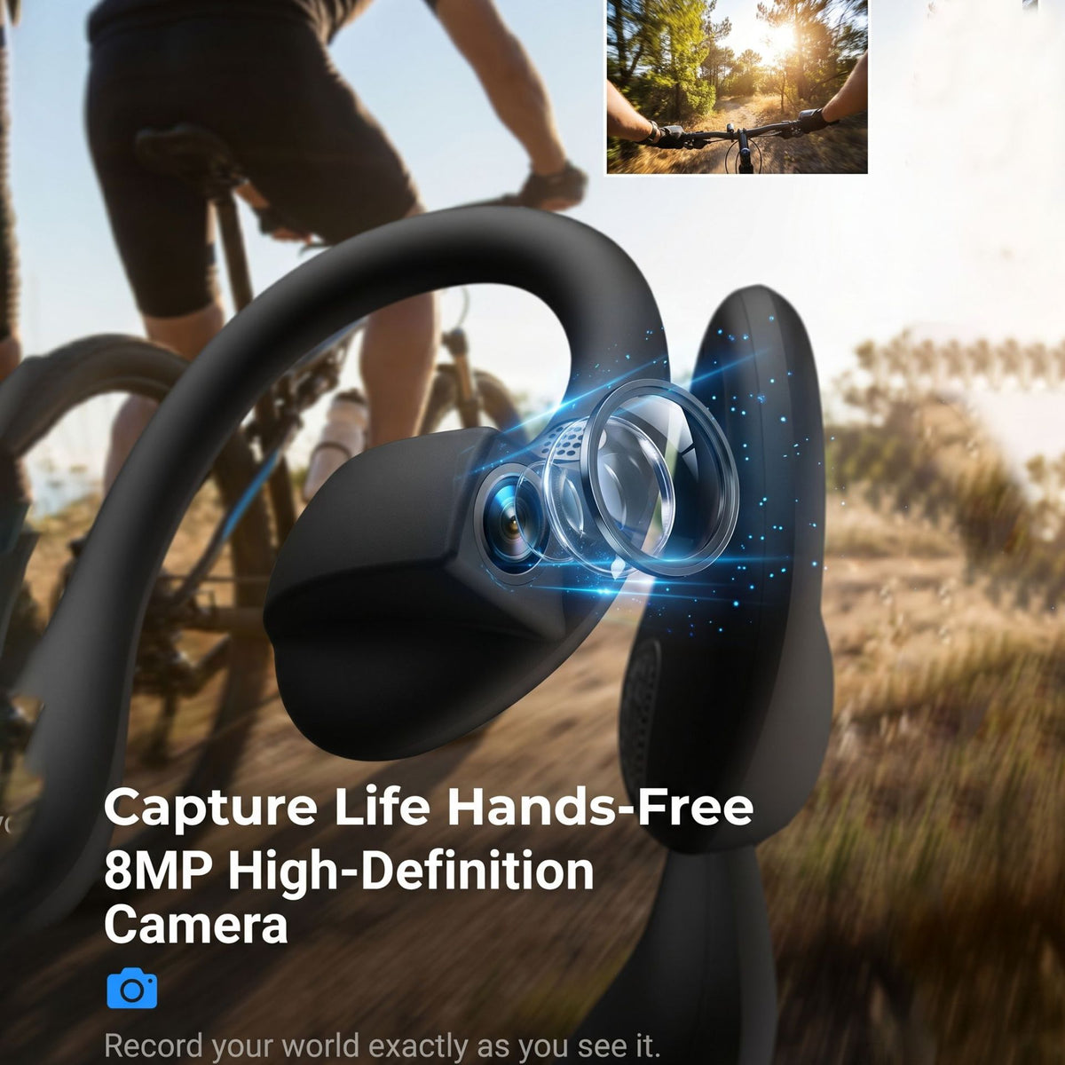 Close-up of the headset camera lens over a cyclist on a trail with a hands-free high definition capture caption