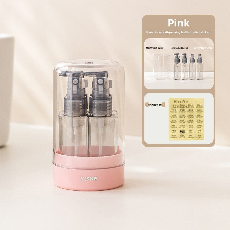 Four bottle travel set shown compact in its round domed base