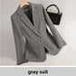 Grey herringbone blazer with one button and patch pockets, option photo captioned gray suit, view 2 of 7