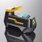 Black and yellow dual-cylinder electric air pump seen from the front with a backlit screen and four LED lamps