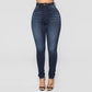 Dark blue high waist skinny jeans, front view on model, size S variant