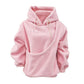 Pink plush fleece hoodie with a diagonal pouch pocket and drawstring hood, option photo for size S