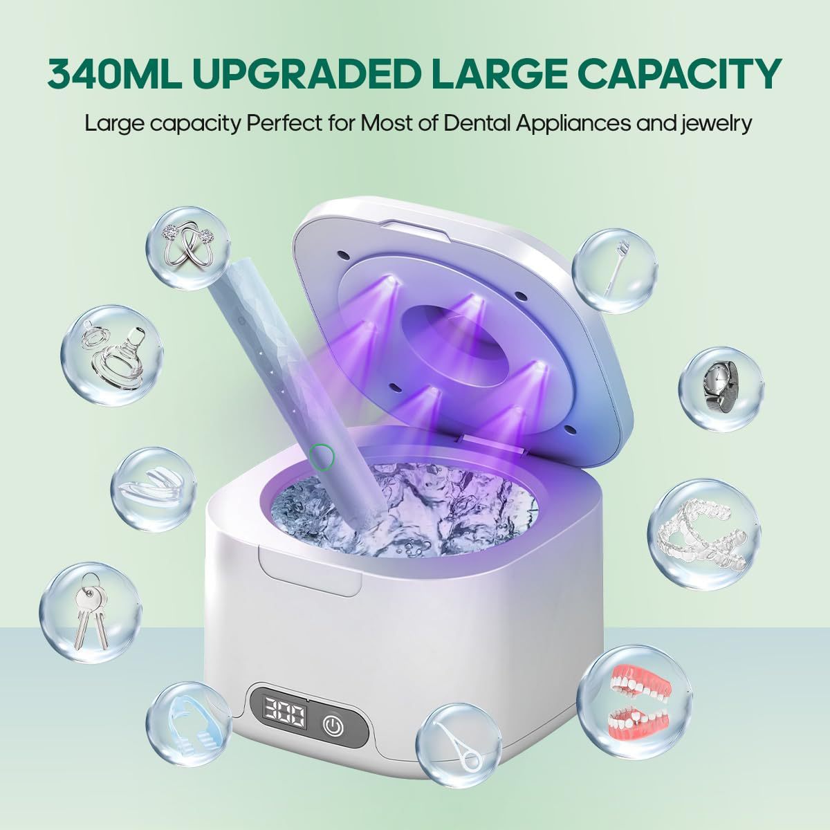 Ultrasonic cleaner with a retainer inside its 340 ml steel tank surrounded by cleaning bubbles