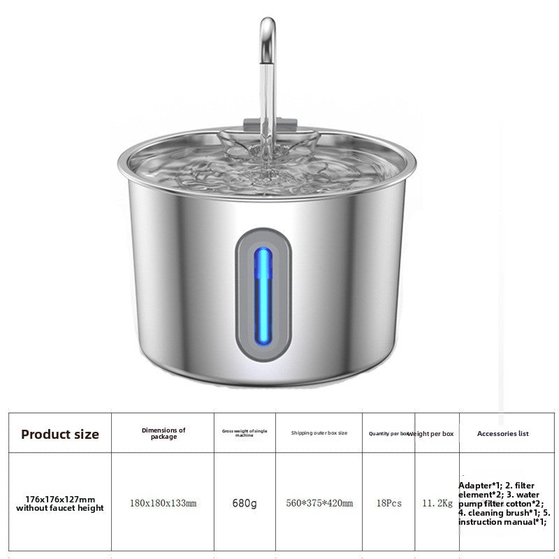Faucet spout stainless steel pet water fountain with strip window and a printed size and packing table