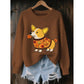 Brown womens 3D print knit look pullover top with an autumn corgi motif, product photo