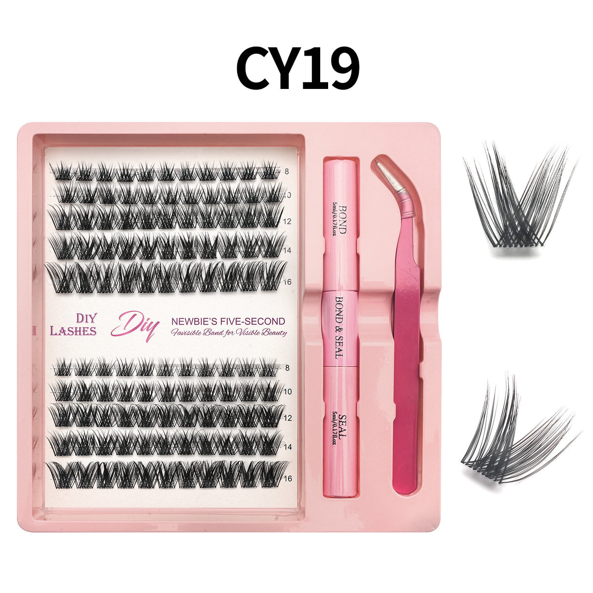 Lash cluster style CY19 in a 10 row tray with dual-ended glue pen, tweezers and a close-up of the cluster shape
