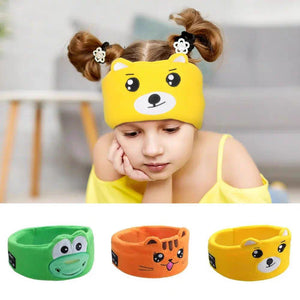 Girl wearing yellow fox cartoon Bluetooth headband with three animal band colours shown below