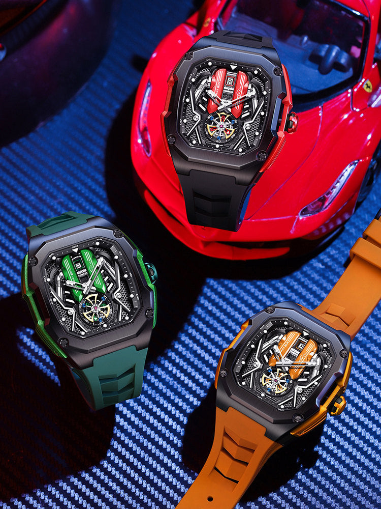 Quartz wristwatch worn on wrist showing colored tip strap