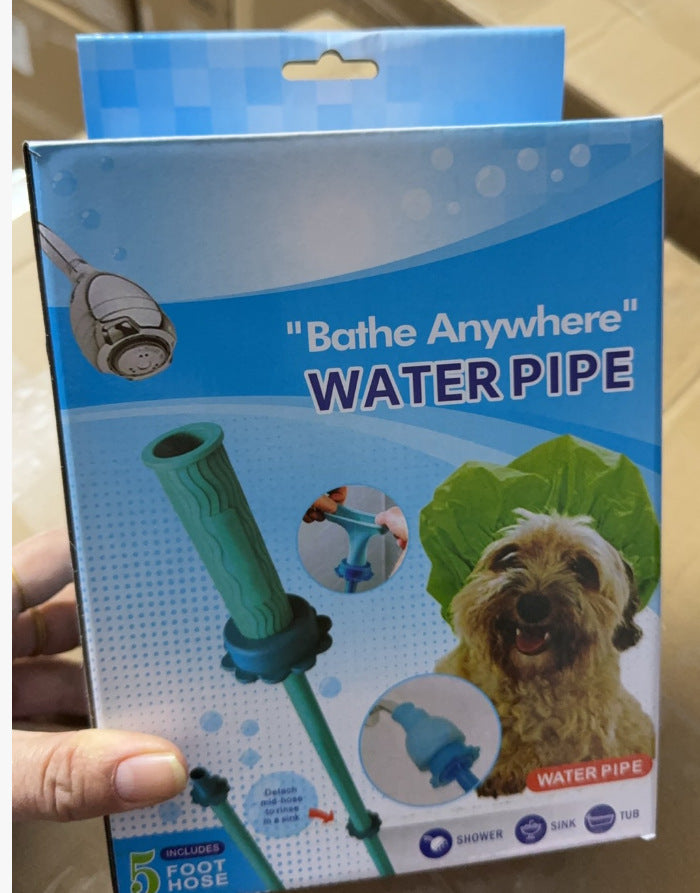 Pet shower hose connector with plastic spray head on a studio background