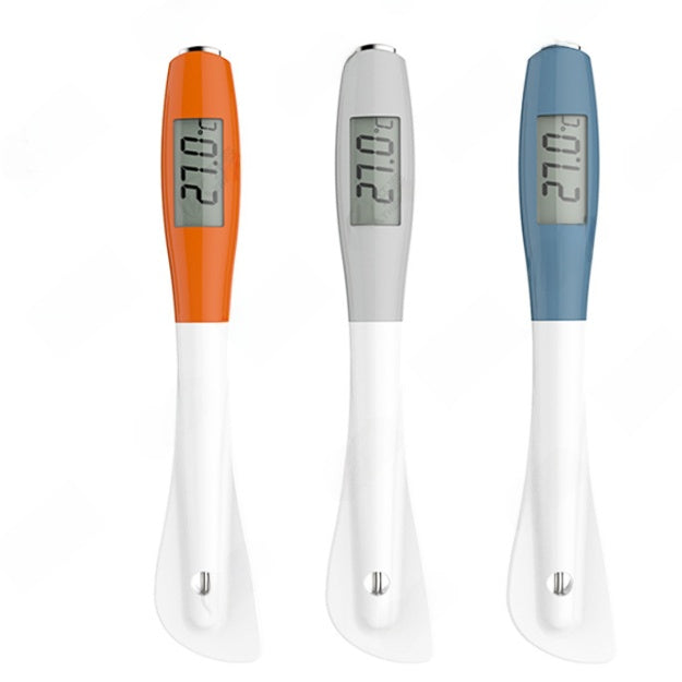 Digital kitchen probe thermometer with silicone scraper in orange, blue and gray colors