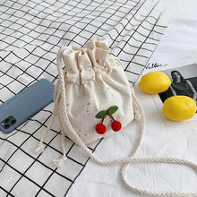 Embroidered Daisy Canvas Crossbody Bucket Bag with Cherry Charm