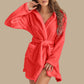 Watermelon Red plush hooded fleece robe with tie belt, worn by a model, size XXL option