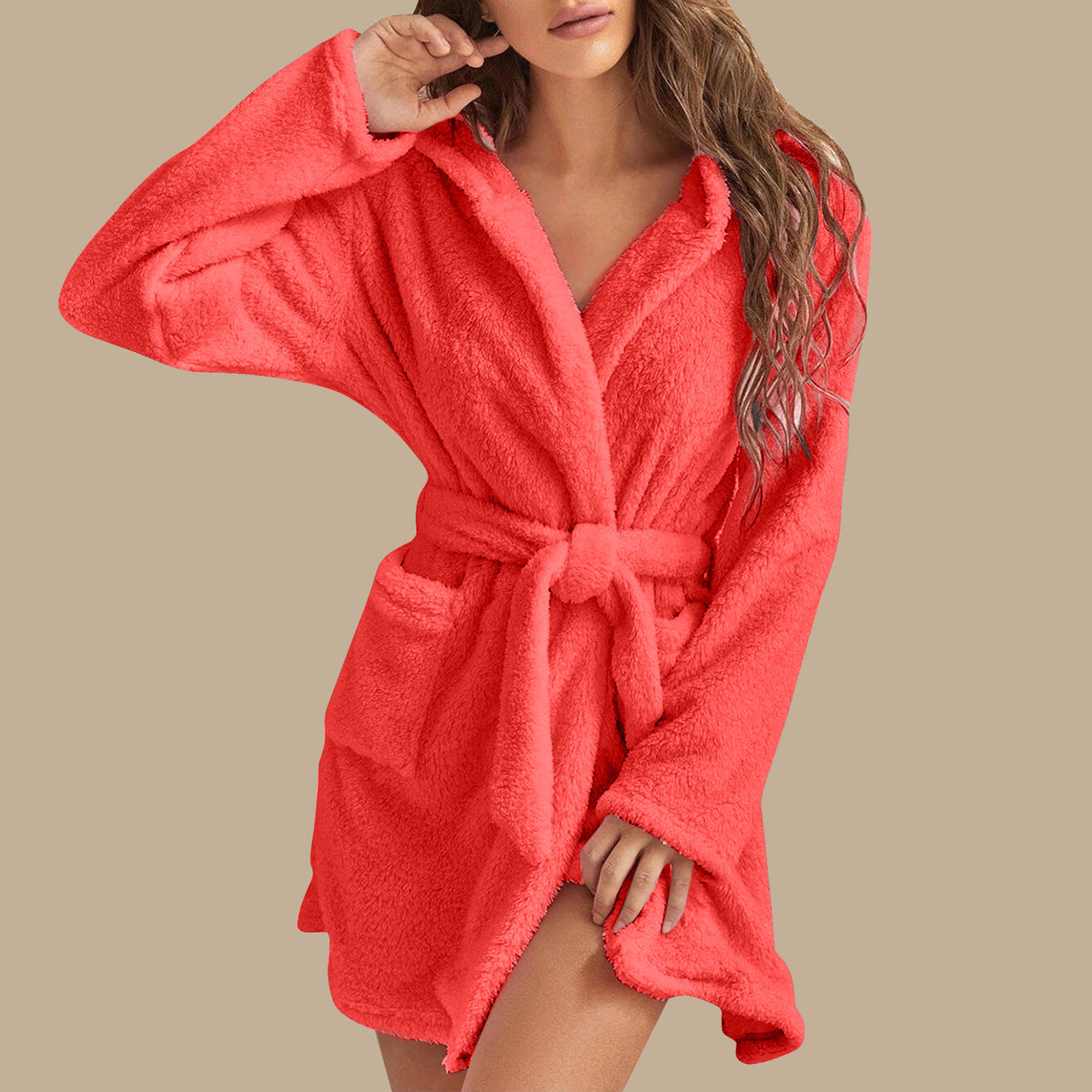 Watermelon Red plush hooded fleece robe with tie belt, worn by a model, size XXL option