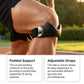 Close up of a black padded knee strap with Velcro closure worn below the kneecap with feature captions