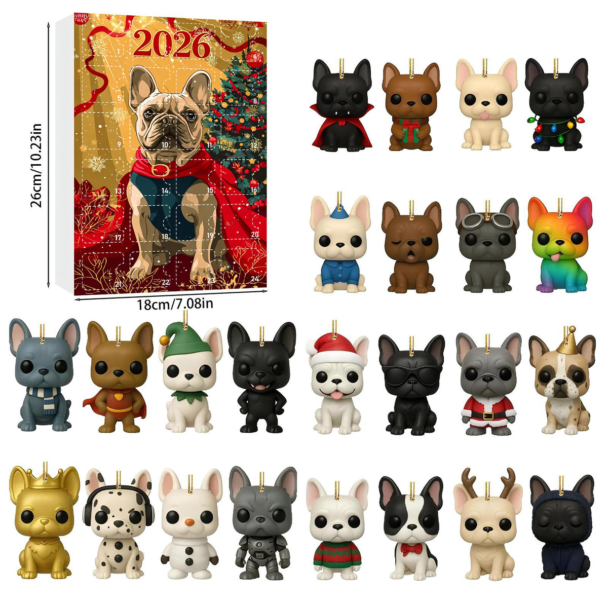 Gold advent calendar cover with a fawn French Bulldog in a red cape and twenty-four dog ornaments, Gold Red Cape cover