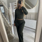 Womens two piece lounge set, a front zip jacket and straight leg drawstring pants in a soft sweat knit