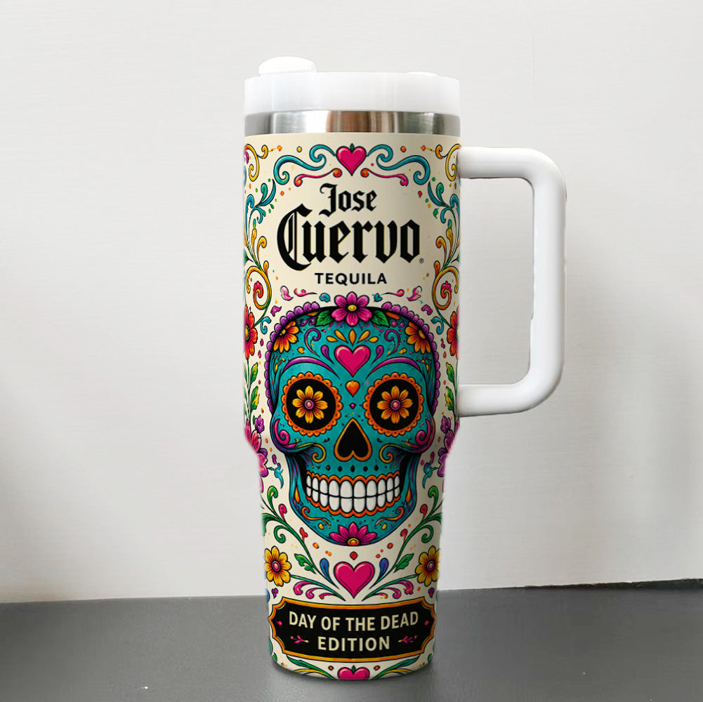 40oz insulated tumbler printed with a Day of the Dead sugar skull design and handle