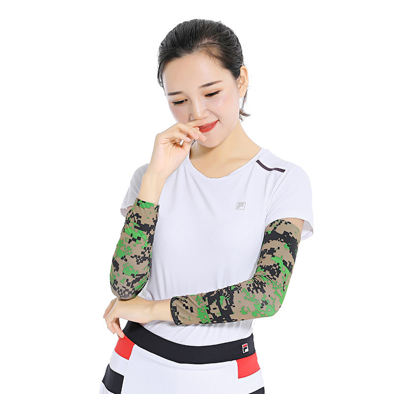 Cooling arm sleeves worn on the arms during an outdoor ride in sunlight
