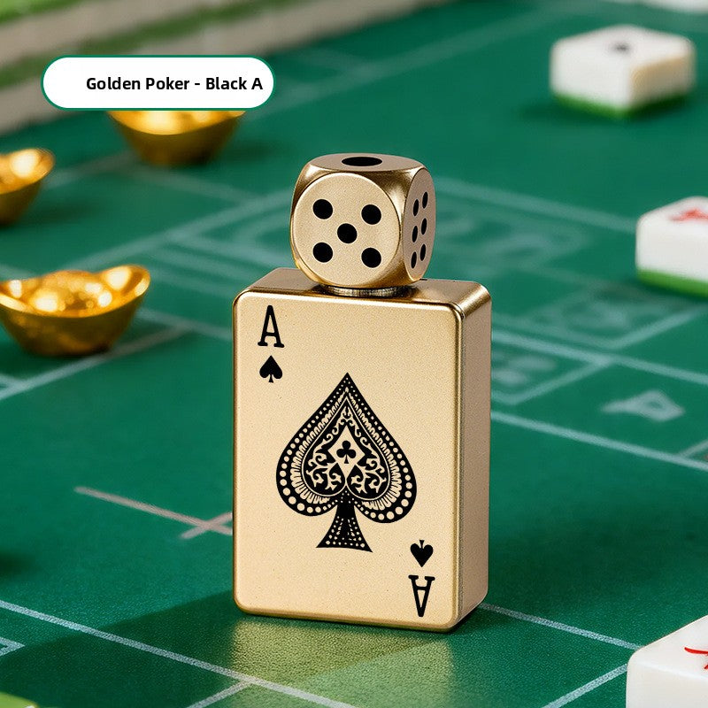 Gold Ace card electric lighter beside white dice on a green felt table