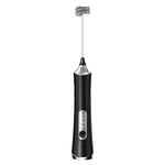 Black handheld electric milk frother wand with a coiled stainless whisk head