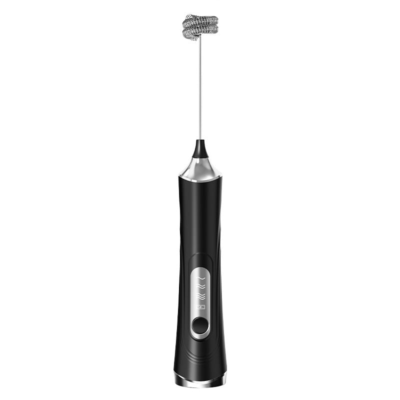 Black handheld electric milk frother wand with a coiled stainless whisk head