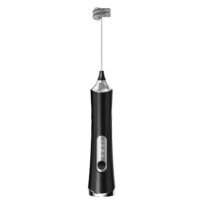 Black handheld electric milk frother wand with a coiled stainless whisk head