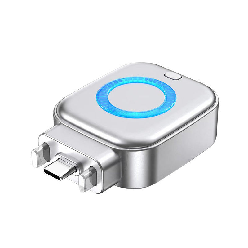 Small square USB-C charge separator adapter with a status ring light and silver finish