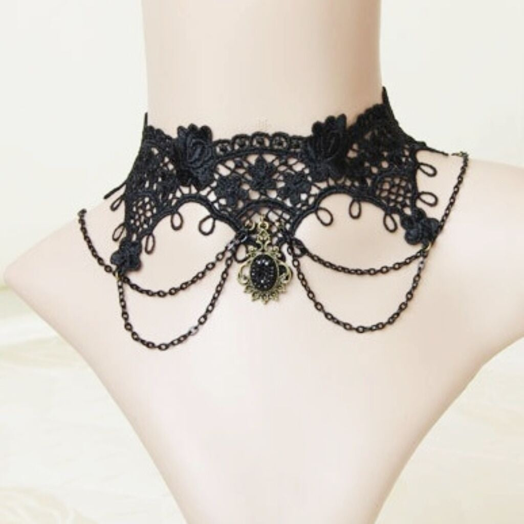 Gothic style vintage lace choker necklace shown close at the neck