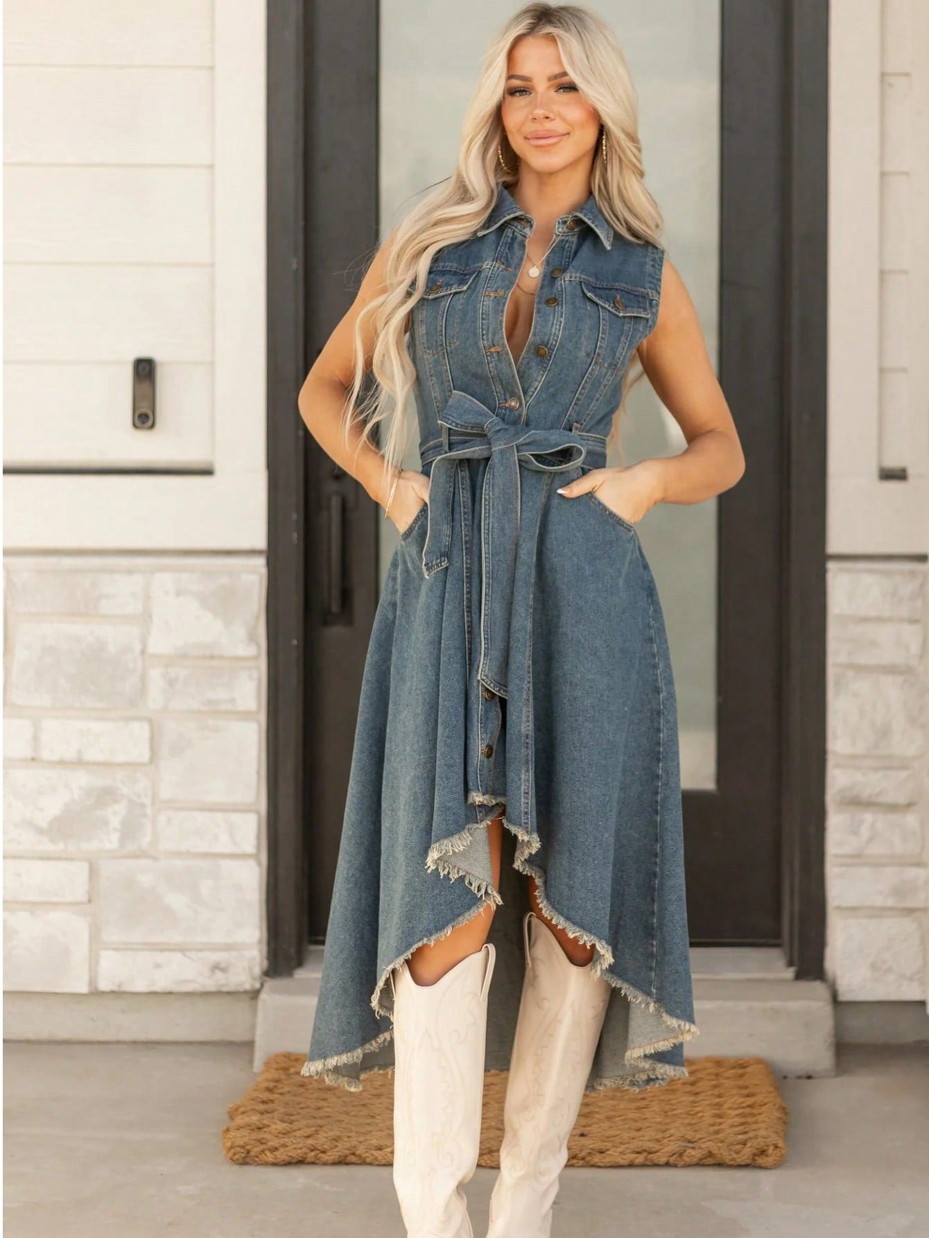 Sleeveless Denim Dress with Adjustable Waist for Casual Day, Trip, Relaxed Outing with Easy Styling | macro material textu...