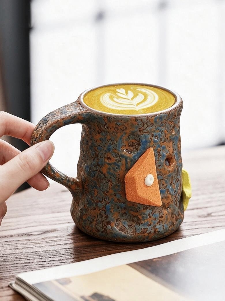 Hand holding a brown and blue speckled ceramic mug of latte with an orange climbing hold decoration on a wooden table