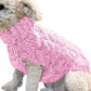 Ribbed turtleneck collar of the knit dog sweater folded up to cover the neck