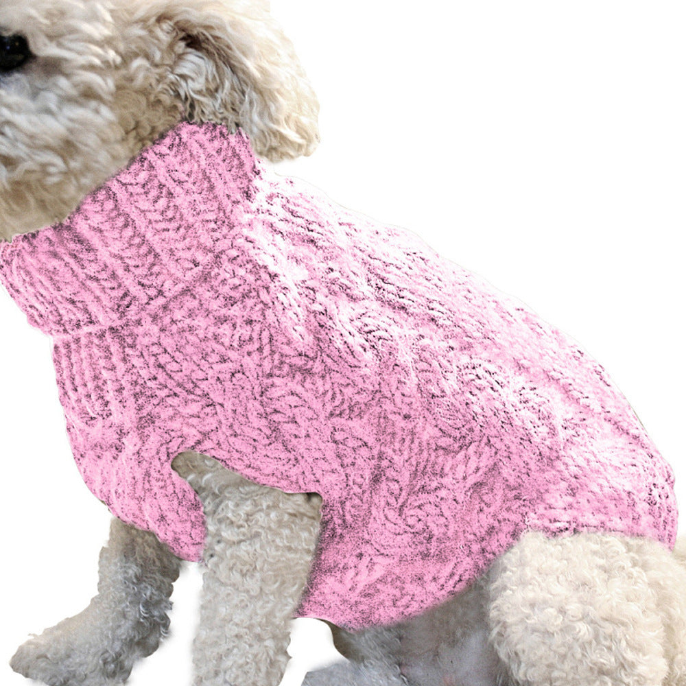 Ribbed turtleneck collar of the knit dog sweater folded up to cover the neck
