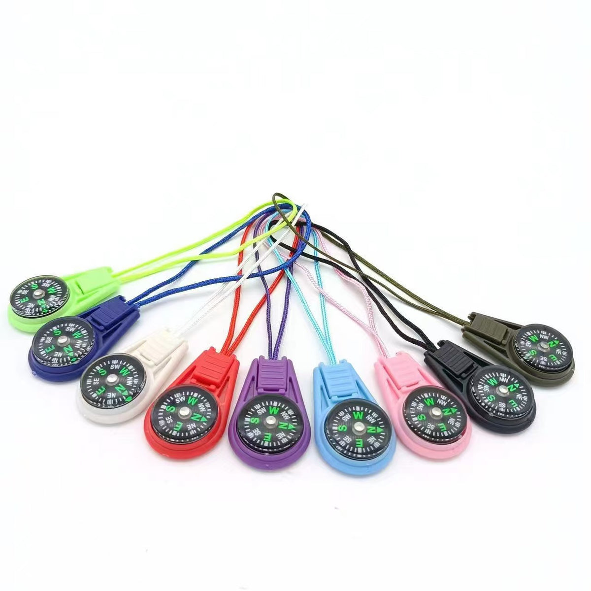 Nine mini lanyard compasses lined up in a row showing every housing color with a cord loop