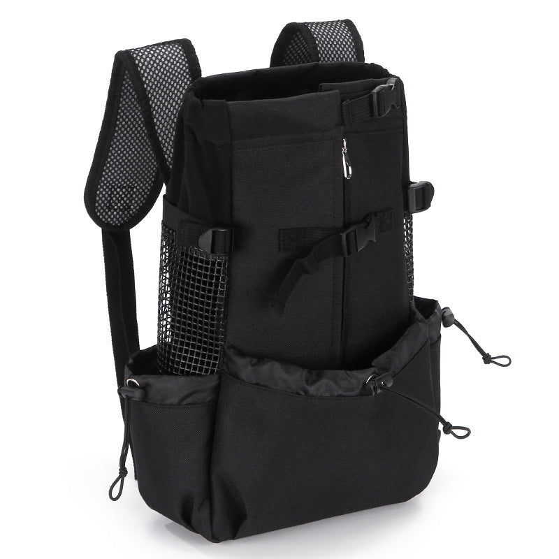 White legs out dog carrier backpack front view with drawstring collar opening
