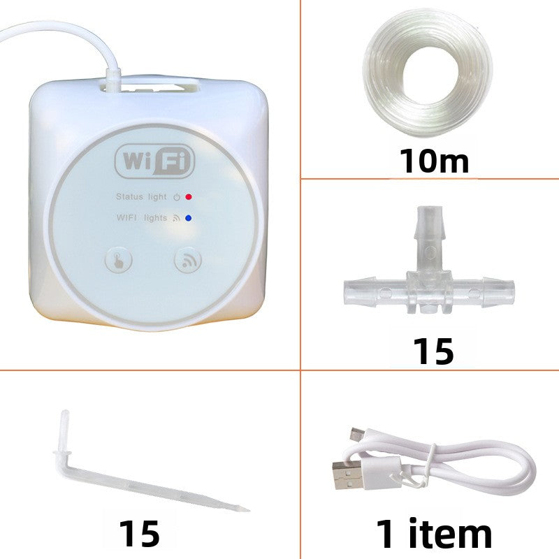 Drip watering kit with pump unit, 10 meter tube, fifteen tee connectors, fifteen fixed drip arrows and cable
