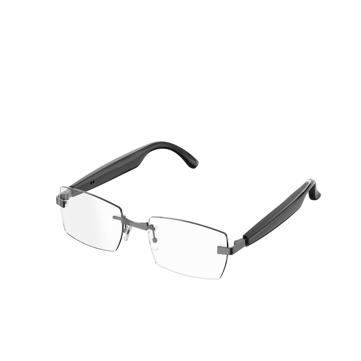 Side view of the audio glasses temple with a speaker and control button