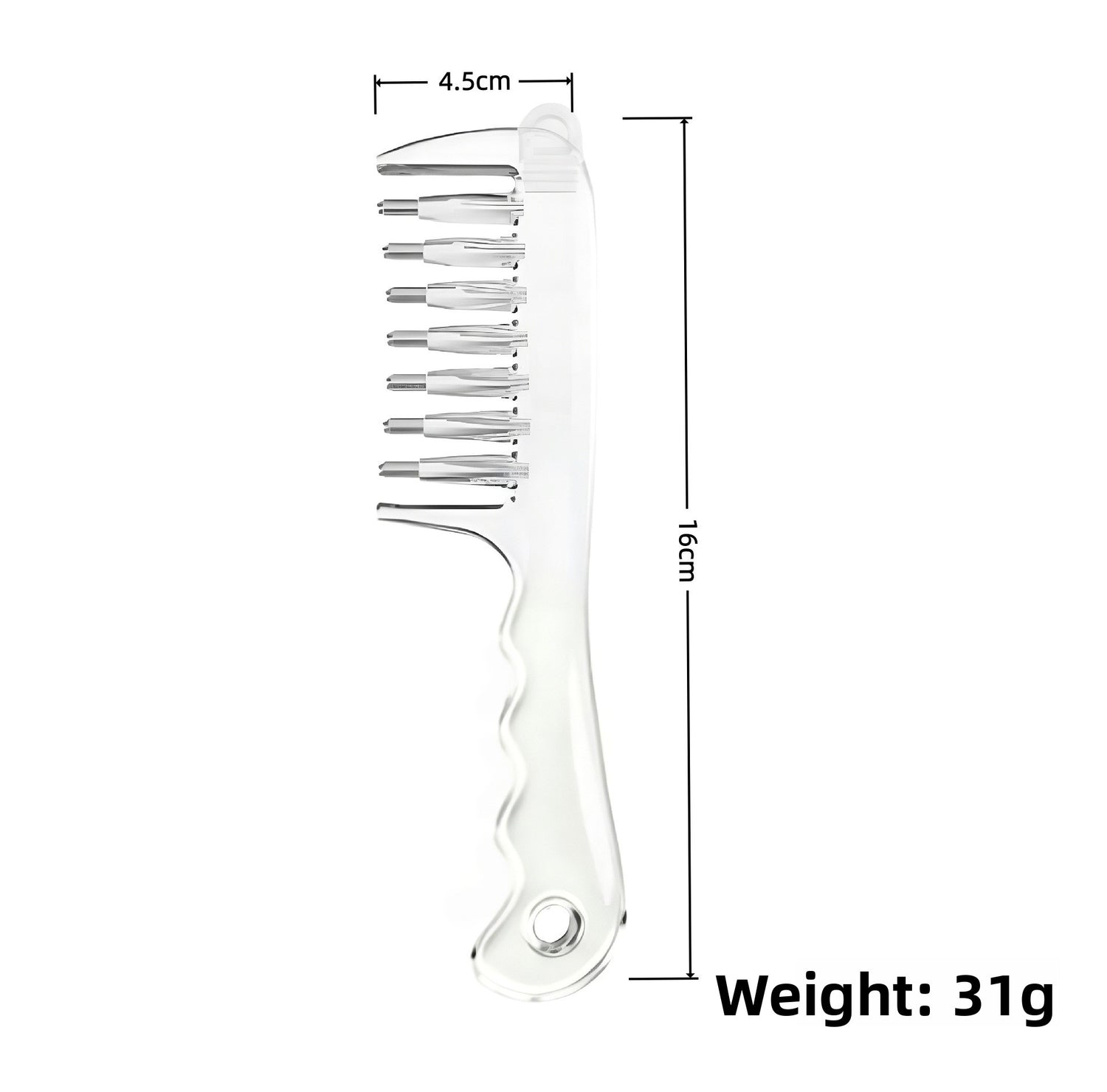 Transparent crystal massage comb measured at about 16 by 4.5 cm with a wavy handle and hang hole