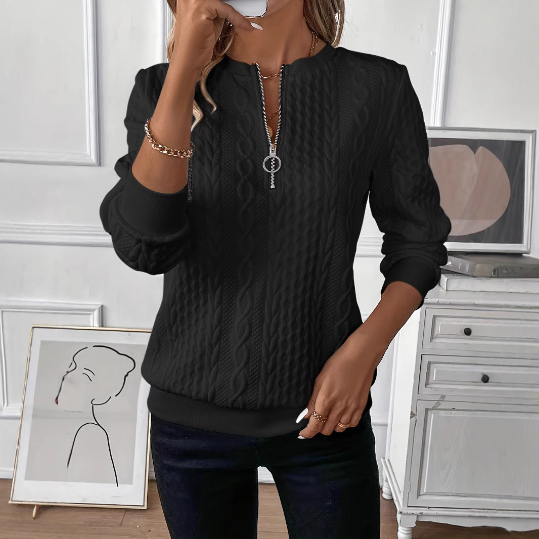 Womens quarter zip pullover shown on a model with jeans, mock neck short zip