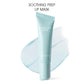 Unbranded pale blue soothing prep lip mask tube with its flat angled nozzle over a clear gel swatch
