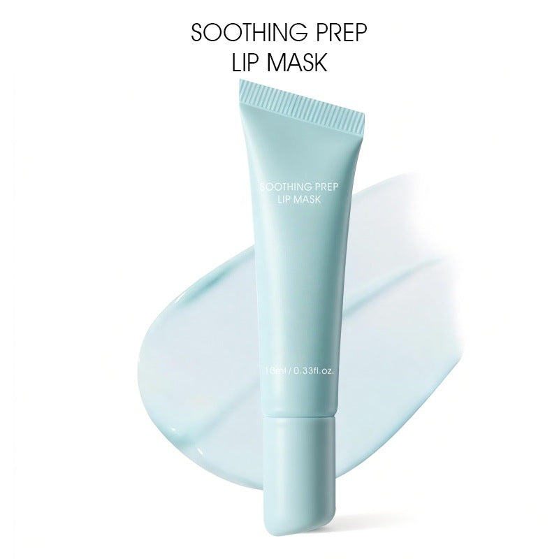 Unbranded pale blue soothing prep lip mask tube with its flat angled nozzle over a clear gel swatch
