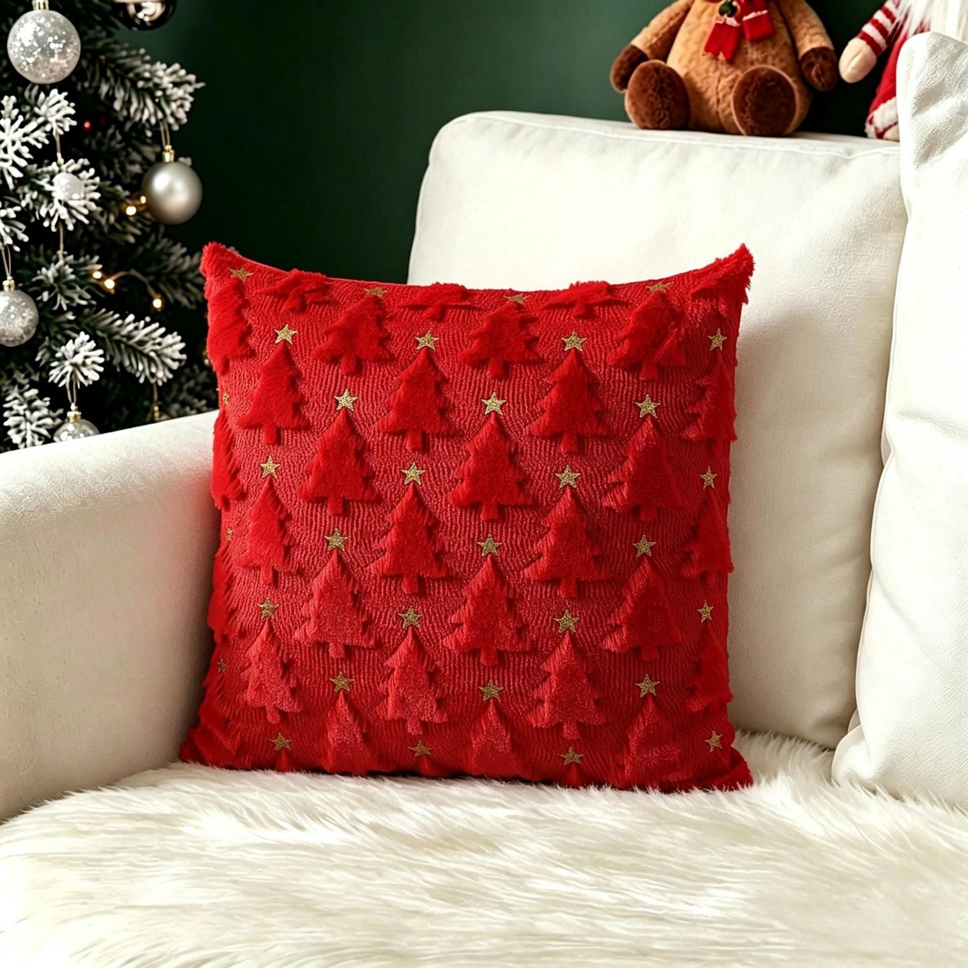 Plush carved cushion cover with a Santa and tree motif raised out of the plush pile, view 30