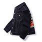 Loose blue denim jacket worn open over a tee, casual styling
