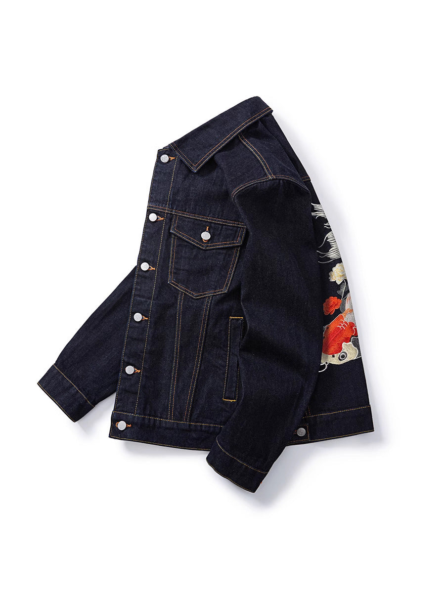 Loose blue denim jacket worn open over a tee, casual styling
