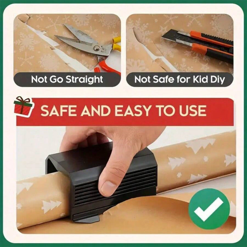 Green framed panel showing a black square tube paper cutter sliding along a roll of kraft wrapping paper by hand