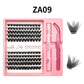 Lash cluster style ZA09 in a 10 row tray with dual-ended glue pen, tweezers and a close-up of the cluster shape