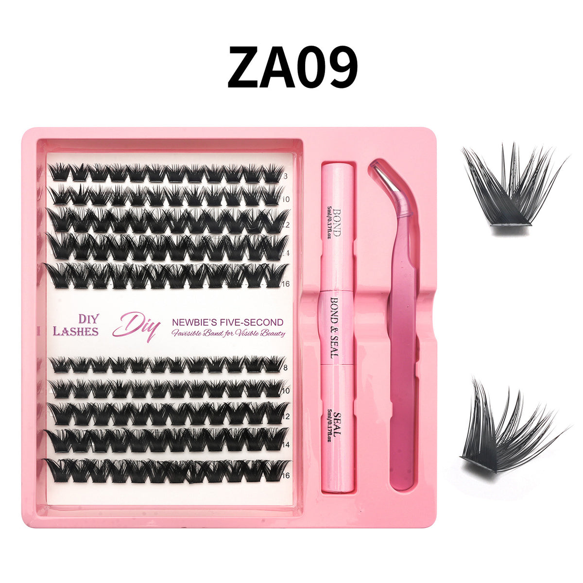Lash cluster style ZA09 in a 10 row tray with dual-ended glue pen, tweezers and a close-up of the cluster shape