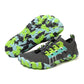 A grey camo top view of a barefoot water shoe showing the bungee drawstring lace and toggle