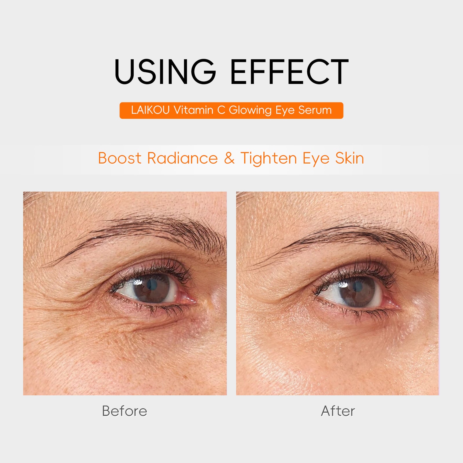 Close up of the eye area shown before and after using the Vitamin C eye serum in a comparison layout