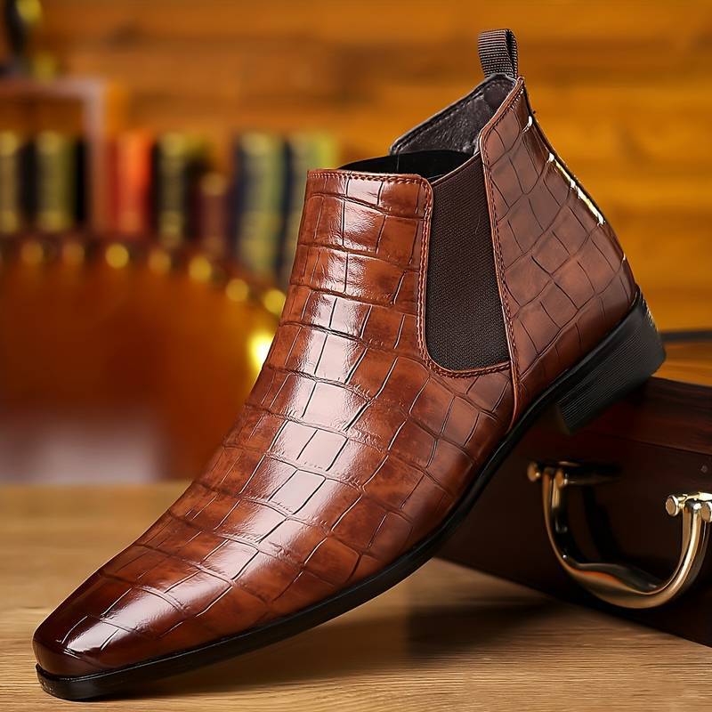 Plaid coffee variant, size 41: coffee brown plaid grid ankle boot with an elastic side panel on a wooden case