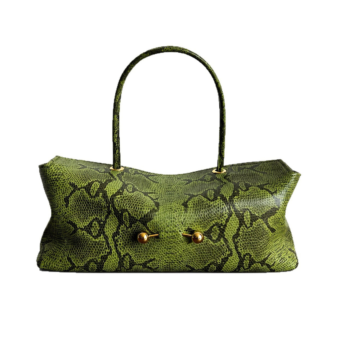 Green snake print shoulder bag with round top handle, a gallery colorway that is not offered as an option